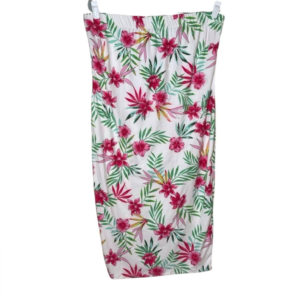 🌺 Miroh 3X Maxi Skirt White With agree Pink Floral Print Stretchy Waistband